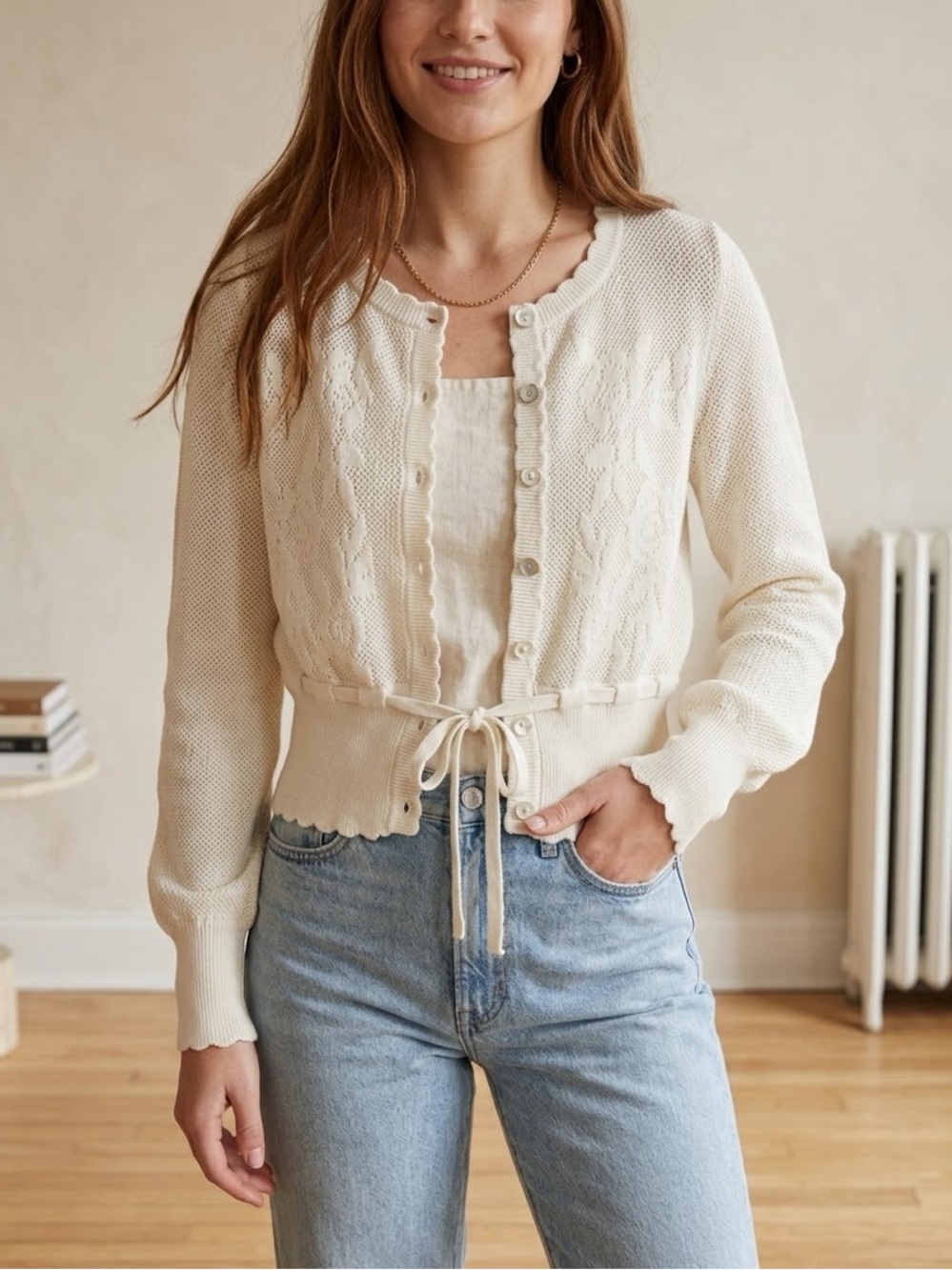 Pink Rose Cream Floral Pointelle Knit Cardigan